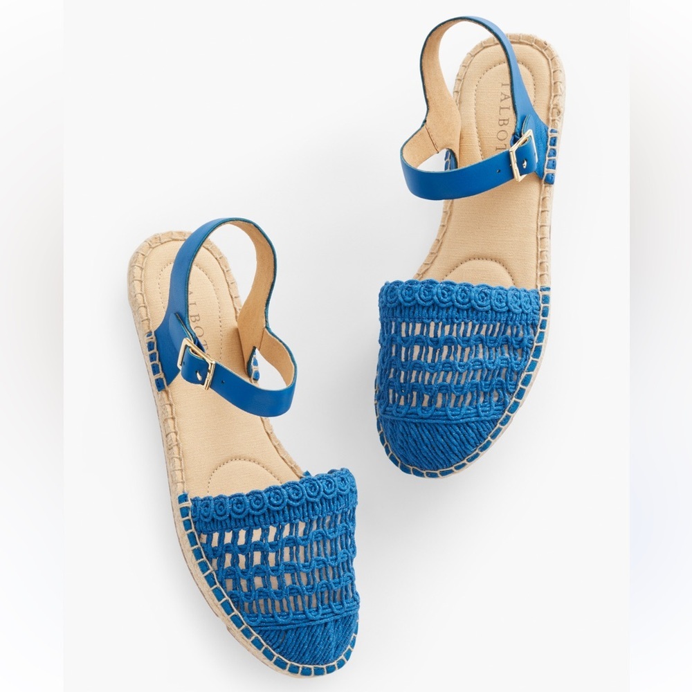 Talbots Blue Crochet Lace Espadrille Jute Flat Sandals Size 7.5 New Without Tags